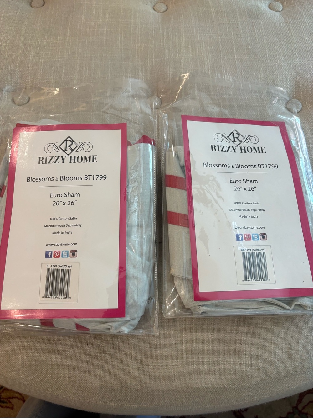 Rizzy Home Blossoms & Blooms Euro Sham - White with Pink Stripe
